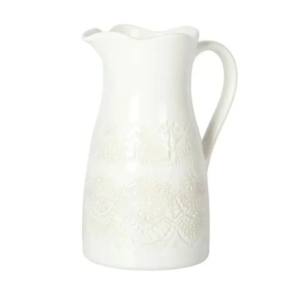 Pioneer Woman Vintage Lace Linen 9 inch White Ceramic Pitcher New